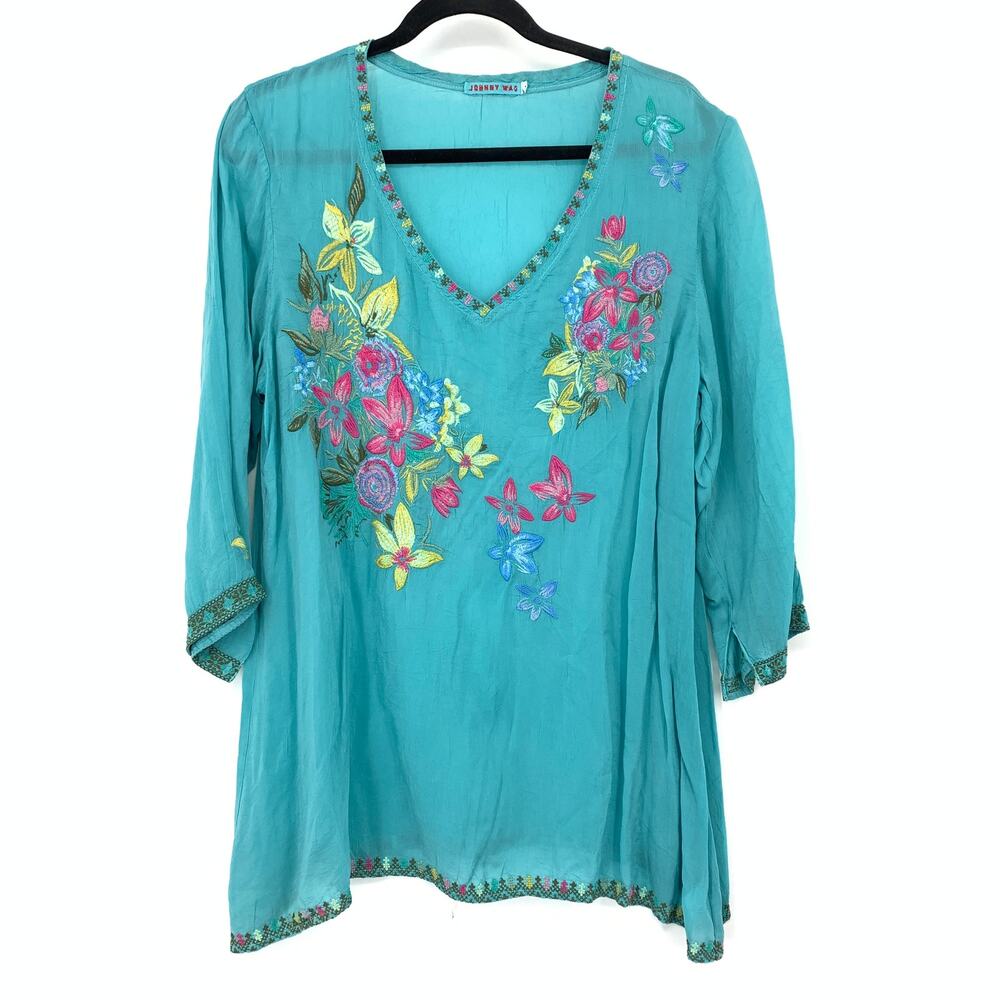 Johnny Was Tunic Top Womens L Turquoise Floral Embroidered V Neck Boho Blouse